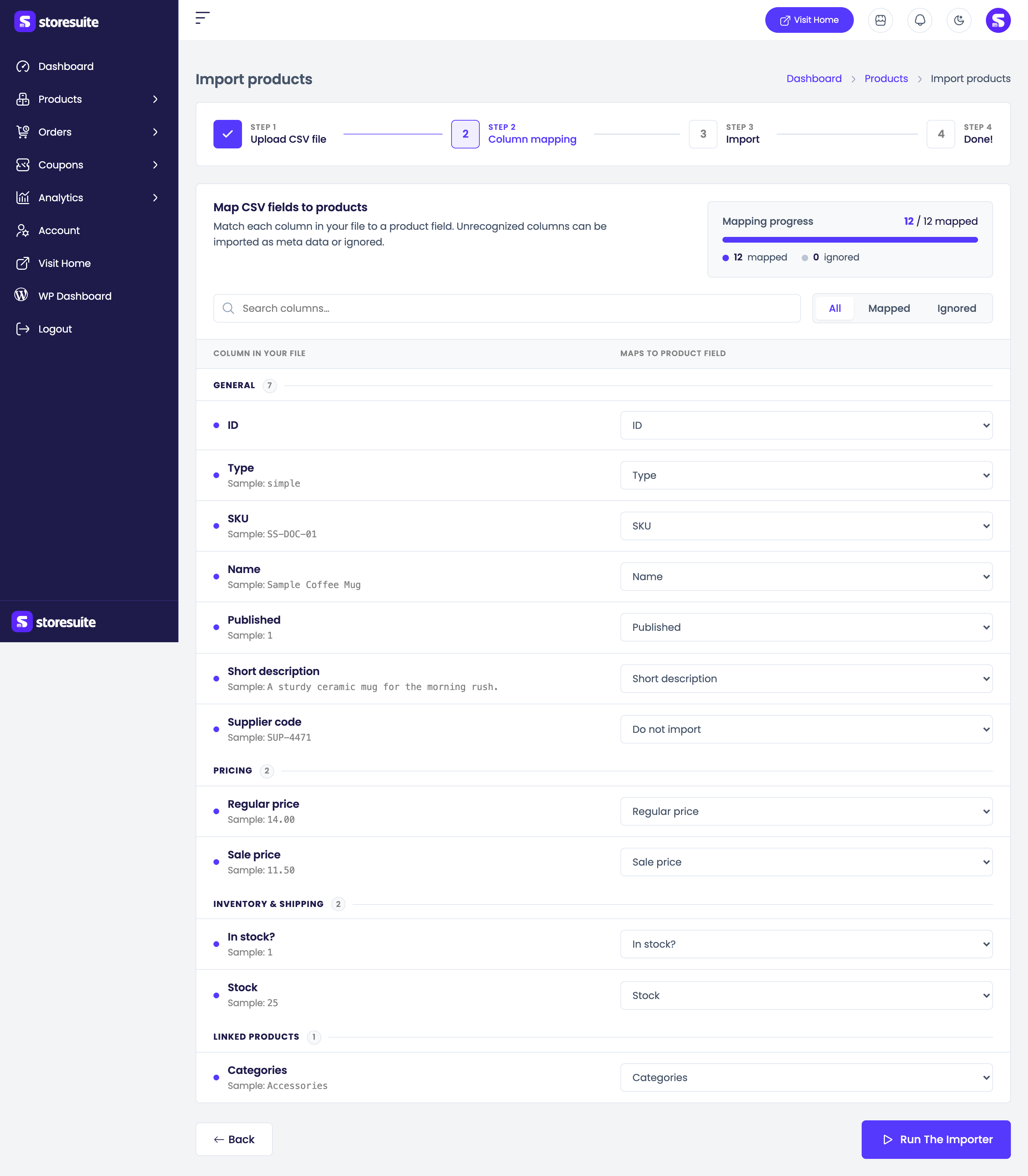 Matching CSV columns to product fields
