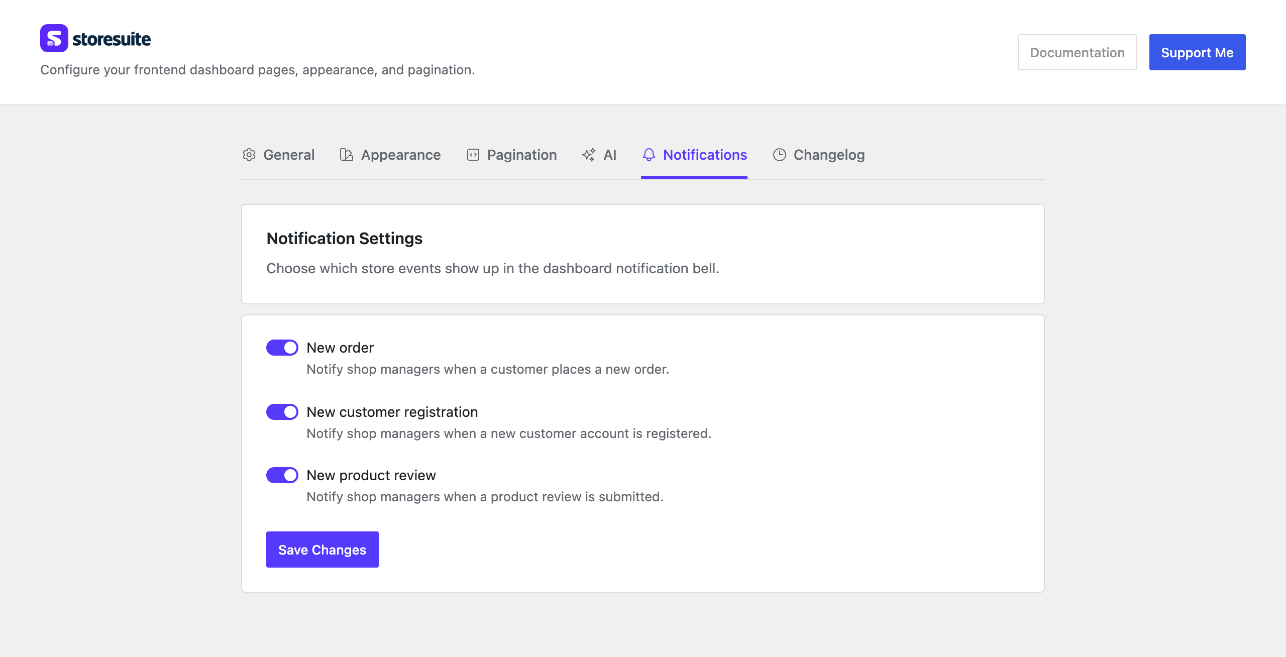 The notification settings tab